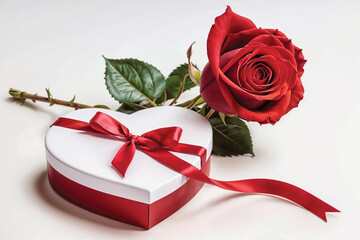 Gift box of chocolates with red rose and red ribbon isolated on white background