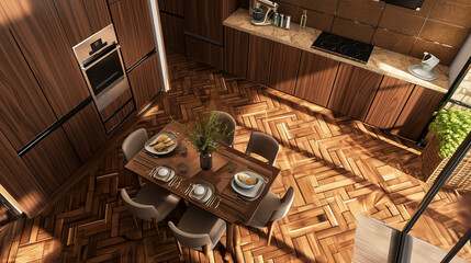 Modern brown wooden kitchen interior, dining area. Ai Generative