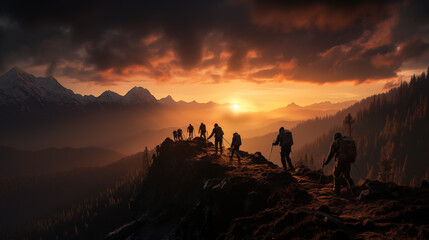 A serene dawn breaks over a group of hikers trekking along a mountain ridge, with snow-capped peaks in the background.
