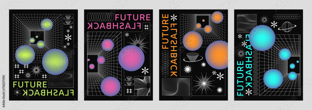 Poster y2k poster design with abstract perspective grid surface and gradient colored sphere. vector set of 