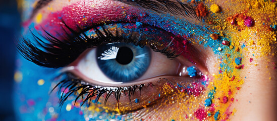 Close-up of a colorful rainbow woman eye isolated on panoramic white background with copy-space, colors vision, gay LGBTQ pride concept header and web. Copy Space Eye Photography - obrazy, fototapety, plakaty
