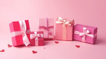 Holidays giftboxes on the pastel pink background for mother's day, christmas, birthday.