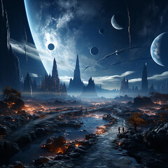 a_sci_fi_landscape_showing_big_planets_and_boulders_in