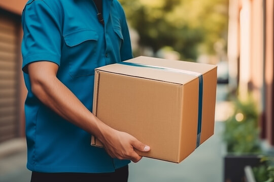 Delivery courier service. Delivery man in blue uniform holding a cardboard box delivering to door of customer home. A man postal delivery man delivering package. Home delivery concept.