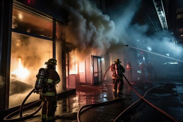 Obraz premium Firefighters extinguishing a fire in a building at night Ai generated
