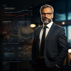 Portrait of a mature man in a suit, bokeh background User interface design for a financial services company
