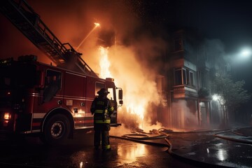 Obraz premium Firefighters extinguishing a fire in a building at night , Photo fireman wearing a professional uniform extinguish burning house , Ai generated
