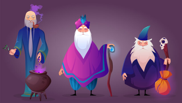 Old wizard cartoon character with magic stuff. Vector illustration set of three different cultures magician warlock man with grey long beard prepare potion in cauldron, hold fantasy stick and broom.