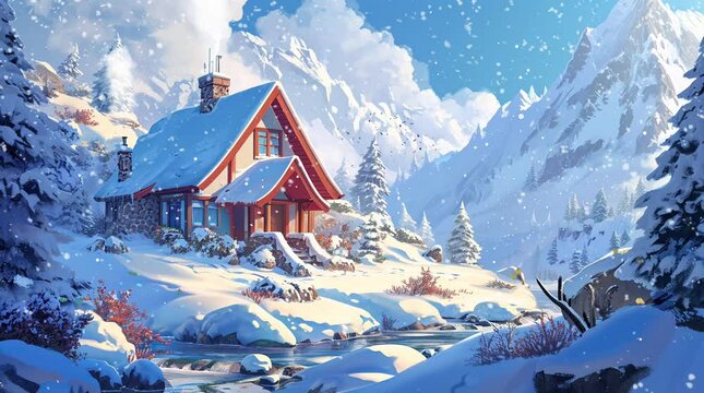 wooden cabin in snowy winter forest.
Seamless looping 4k time-lapse virtual video animation background. Generated AI