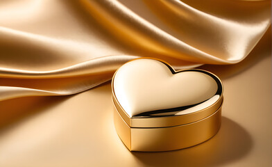 Heart-shaped gift box, nestled on a backdrop of smooth gold silk, Valentine's Day, Christmas. Generative AI