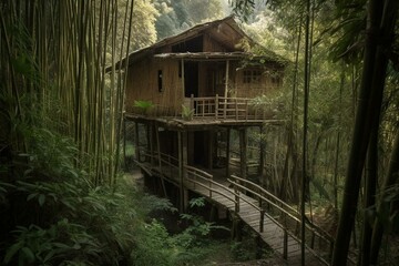 Bamboo house amidst dense wilderness. Generative AI