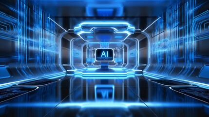 AI Concept Wallpaper and Design, Blue Neon Sign with Intricate Circuit Patterns, Generative AI