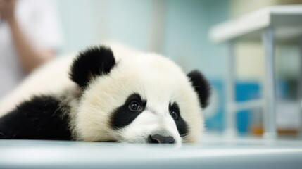 Sad panda in a veterinary clinic.