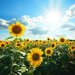 Bright Midday Sun over Sunflower Field