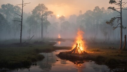 A small, crackling bonfire in the heart of a dense, foggy swamp Generative AI
