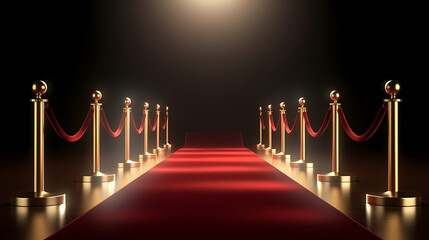 Red carpet on the stairs on dark background, the way to glory, victory and success