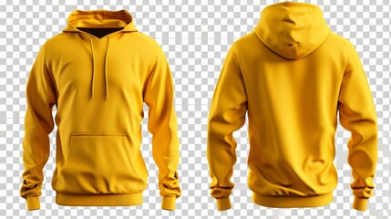 Set of yellow front and back view tee hoodie hoody sweatshirt on transparent background cutout, PNG file. Mockup template for artwork graphic design - obrazy, fototapety, plakaty