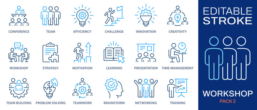 Workshop icon set. Collection of training, meeting, seminar, team building and more. Vector illustration isolated on white. Editable stroke.