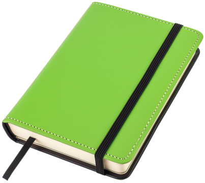Bright Green Notebook with Black Elastic Closure on Transparent Background