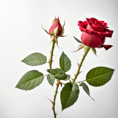 A Red Rose with leaf on a white background
