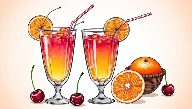 Vector Art of Tequila Sunrise Cocktail with Decorations