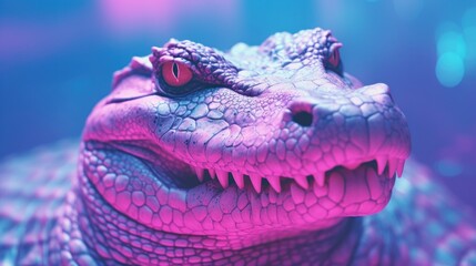 Obraz premium Fantasy vaporwave portrait of retrowave crocodile. Pink and blue colors.