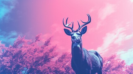 Fantasy vaporwave portrait of retrowave deer. Pink and blue colors.