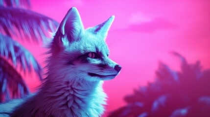 Fantasy vaporwave portrait of retrowave fox. Pink and blue colors. - obrazy, fototapety, plakaty