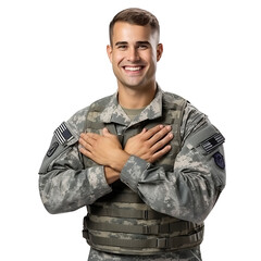 American soldier smiling happily on PNG transparent background.