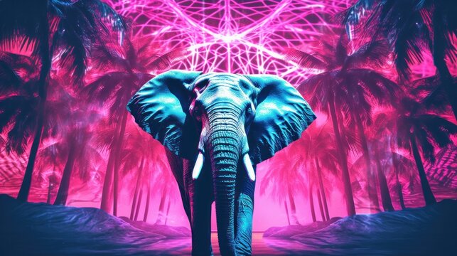 Fantasy vaporwave portrait of retrowave elephant. Pink and blue colors.