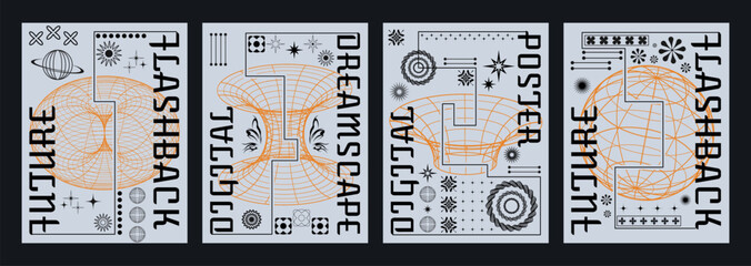 Set of retro futuristic flyers. Vector realistic illustration of y2k vibe posters with orange wireframe torus and globe shapes, black star, line, flower signs decoration, retrowave aesthetic banners