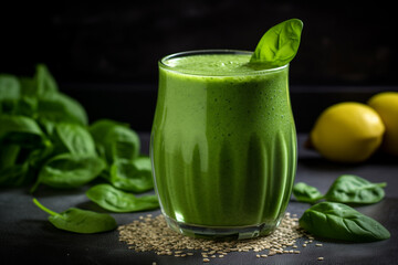 Green smoothie with spinach and chia seeds in glass on the table, kitchen decoration background. Detox drink, clean eating