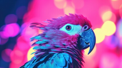 Fototapeta premium Fantasy vaporwave portrait of retrowave parrot. Pink and blue colors.