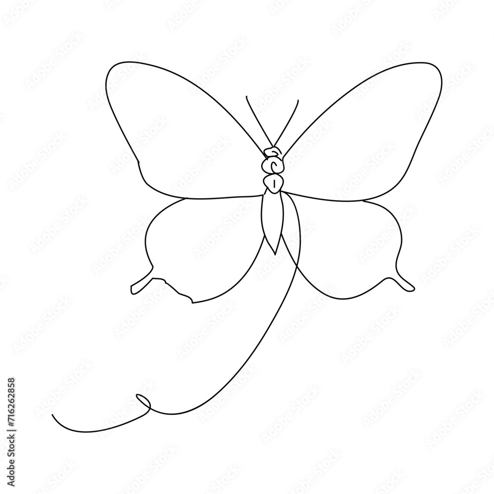 Poster butterfly continuous one line drawing element isolated on white background and single line art outli