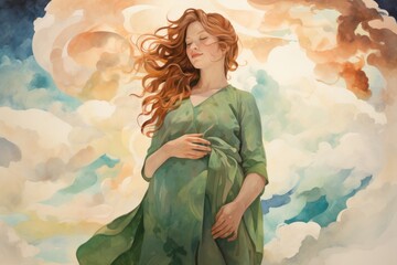 Earth day banner, illustration with abstract woman on cloudy background, pregnant woman, red hair. green dress. Happy earth day