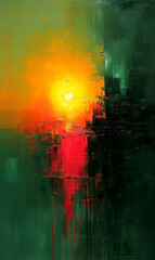 Fototapeta premium Abstract oil painting on canvas with sun, green and red colors.