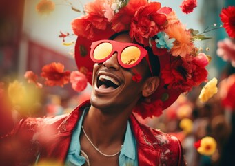 Brazilian Carnival. Young man enjoying the carnival party blowing confetti and flower. Carnival day in Brazil, dance at street party. Man in costumes celebrate Brazilian Carnaval