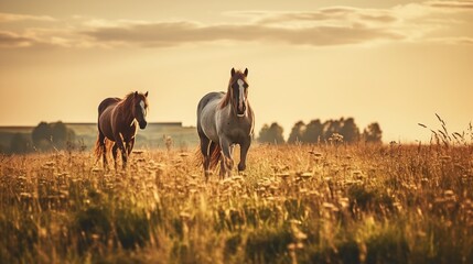 Horses in the meadow at sunset. Beautiful nature landscape.