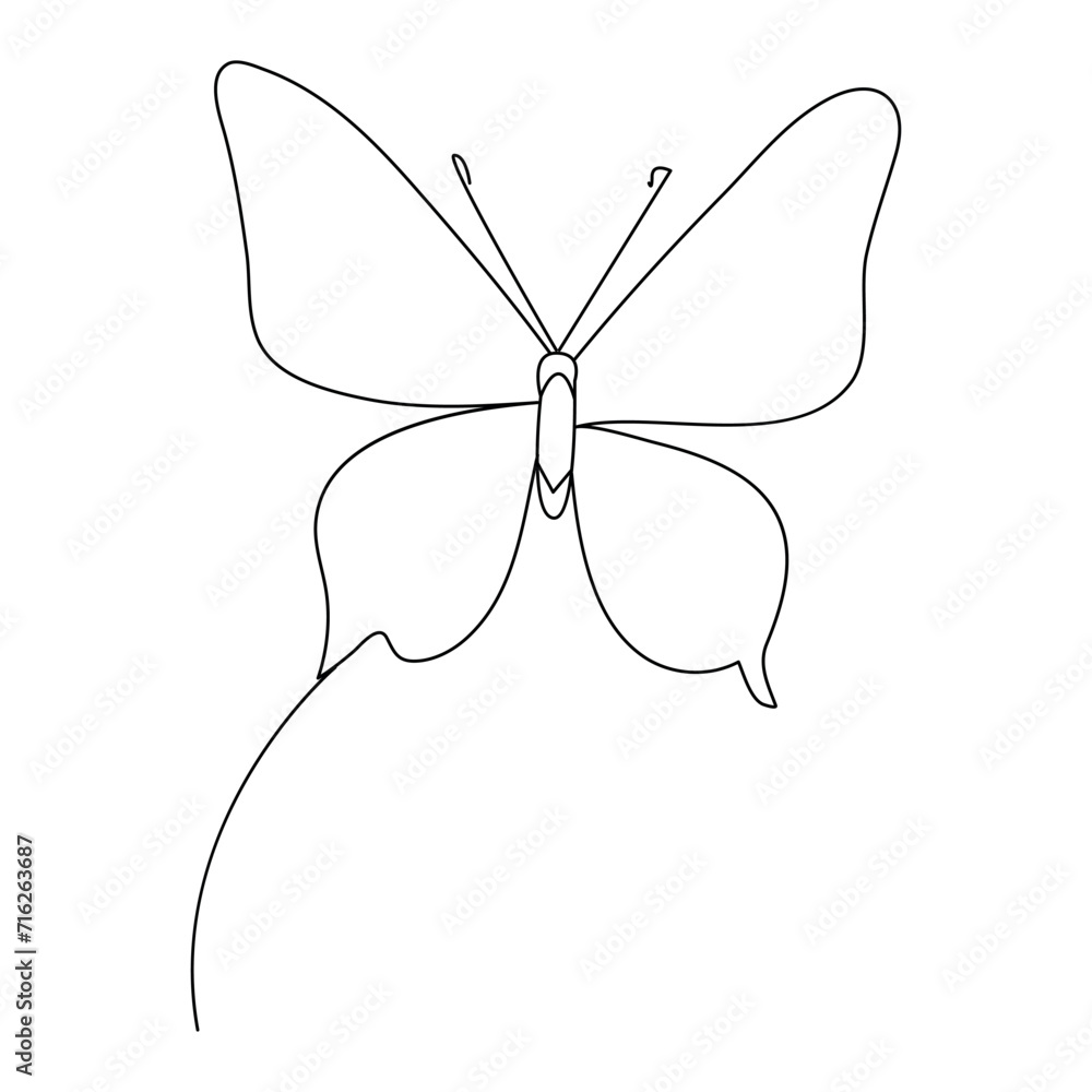 Poster butterfly continuous one line drawing element isolated on white background and single line art outli