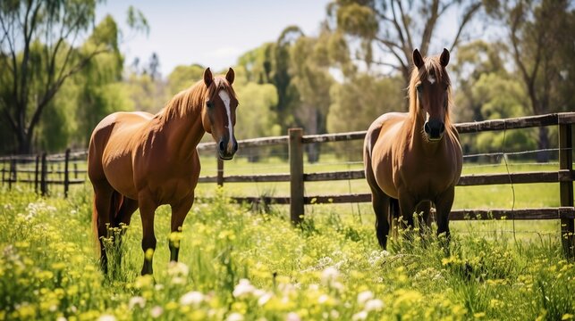 Horses on a green meadow in a sunny day.