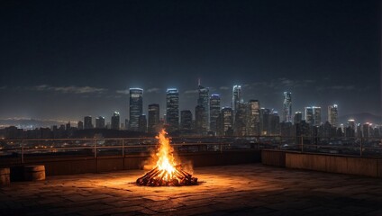 A solitary bonfire on a rooftop, with a sprawling city skyline at night Generative AI