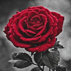 A Red Rose with leaf on a dark background