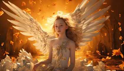 An angelic depiction of a holy girl adorned with ethereal white wings.