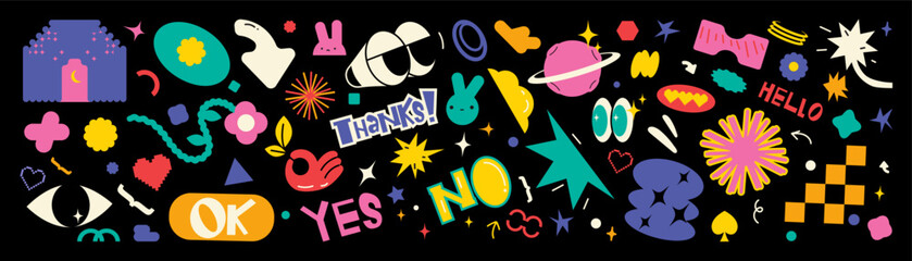 Groovy hippie stickers set. Geometric stickers, characters in trendy retro 60s 70s cartoon style. Vintage vector illustrations.