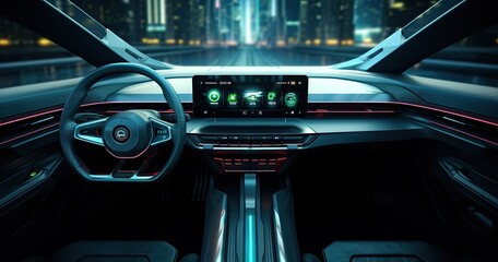 The dashboard of a futuristic car adorned with holographic controls and sleek digital displays. - obrazy, fototapety, plakaty