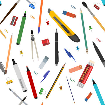 Pencils and stationery. seamless pattern composition. Isolated on white background. Funny cartoon style. Picture vector