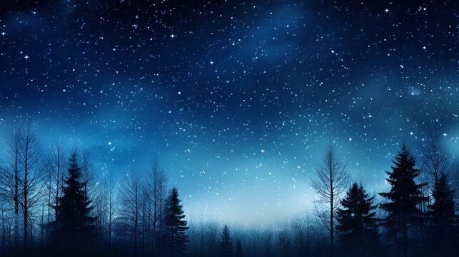Winter landscape with fir trees and starry sky.
