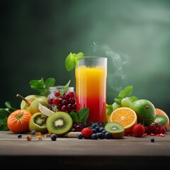 Fototapeta premium Fruit juice and fresh fruits on a wooden table on a dark background.
