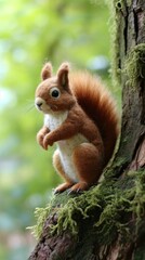 Fototapeta premium Felt Squirrel Perched on Tree in Greenery