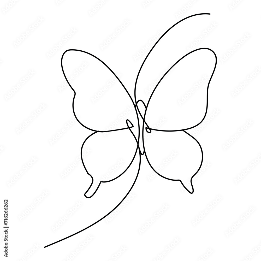 Poster butterfly continuous one line drawing element isolated on white background and single line art outli